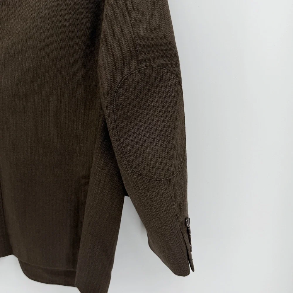 Joseph Abboud Mens L Brown Herringbone Unlined Blazer Sport Coat Elbow Patches